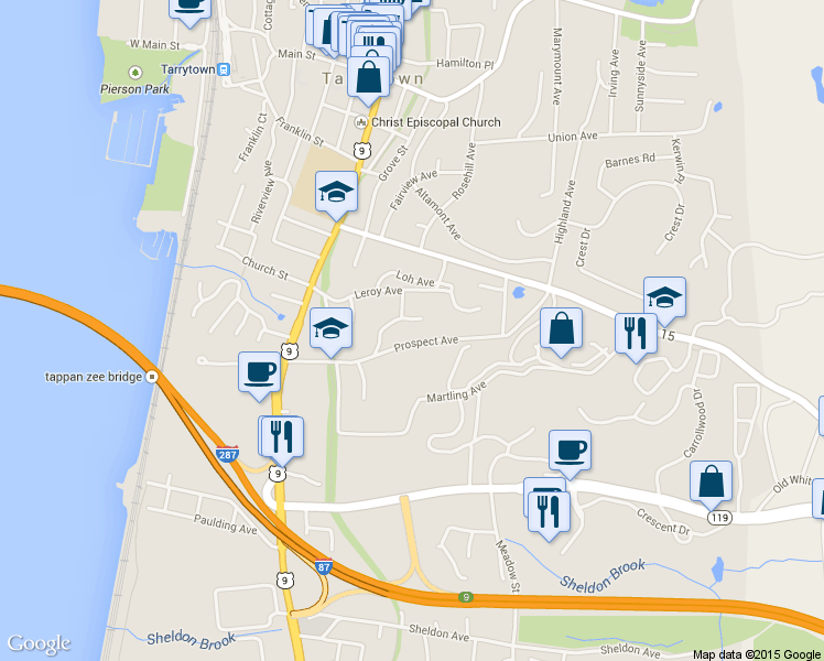 map of restaurants, bars, coffee shops, grocery stores, and more near 107 Prospect Avenue in Tarrytown