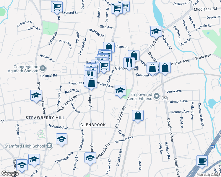 map of restaurants, bars, coffee shops, grocery stores, and more near 90 Center Street in Stamford