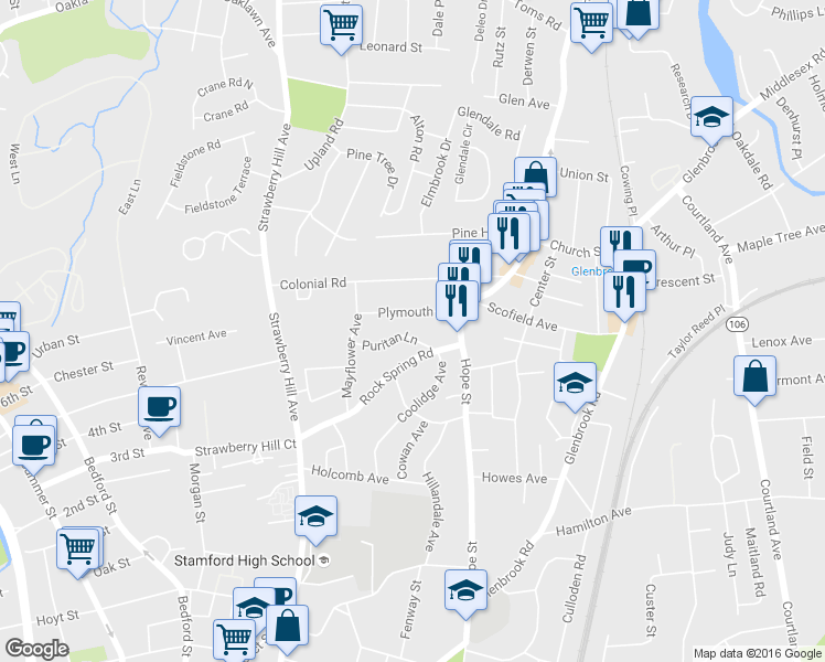 map of restaurants, bars, coffee shops, grocery stores, and more near 130 Rock Spring Road in Stamford