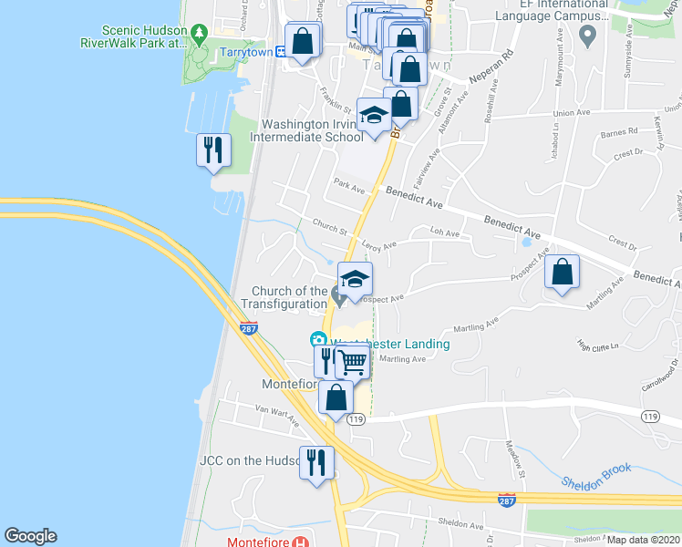 map of restaurants, bars, coffee shops, grocery stores, and more near 240 South Broadway in Tarrytown