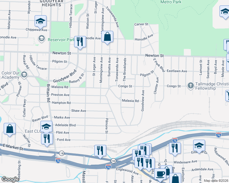 map of restaurants, bars, coffee shops, grocery stores, and more near 1804 Malasia Road in Akron