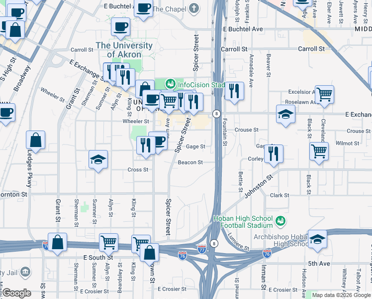map of restaurants, bars, coffee shops, grocery stores, and more near 467 Spicer Street in Akron
