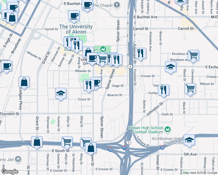 map of restaurants, bars, coffee shops, grocery stores, and more near 467 Spicer Street in Akron