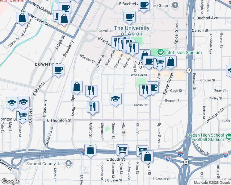 map of restaurants, bars, coffee shops, grocery stores, and more near 541 Sumner Street in Akron