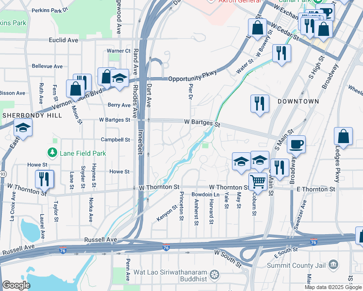 map of restaurants, bars, coffee shops, grocery stores, and more near 951 Trimble Drive in Akron