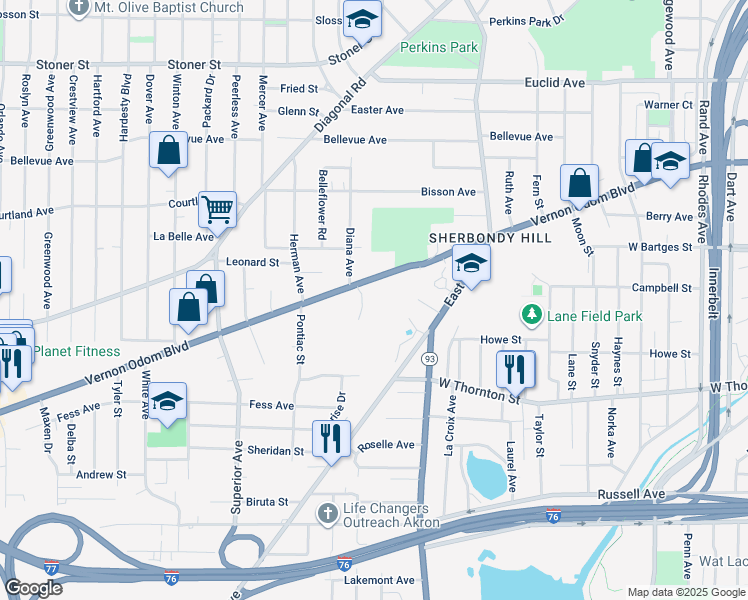 map of restaurants, bars, coffee shops, grocery stores, and more near 1221 Everton Drive in Akron