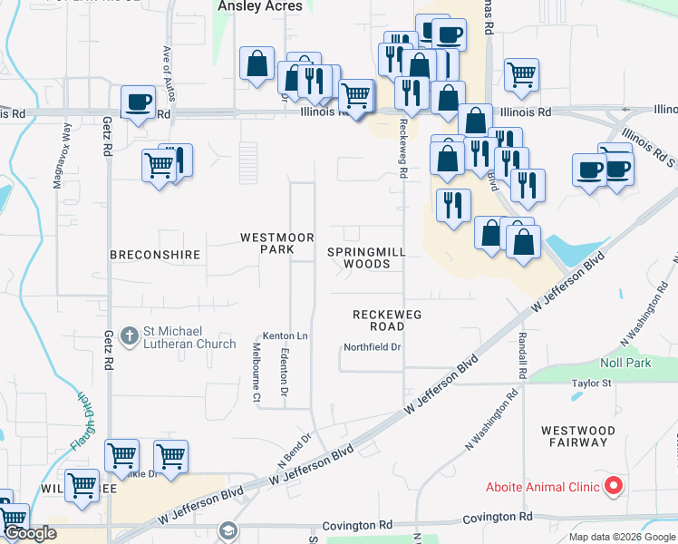 map of restaurants, bars, coffee shops, grocery stores, and more near 1625 North Glendale Drive in Fort Wayne