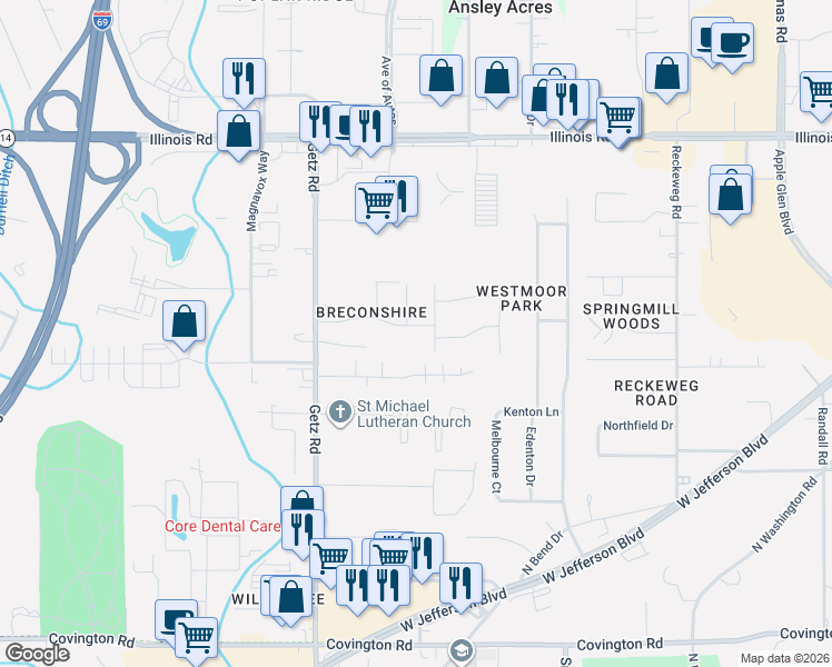 map of restaurants, bars, coffee shops, grocery stores, and more near 1820 Briar Fence Ln in Fort Wayne