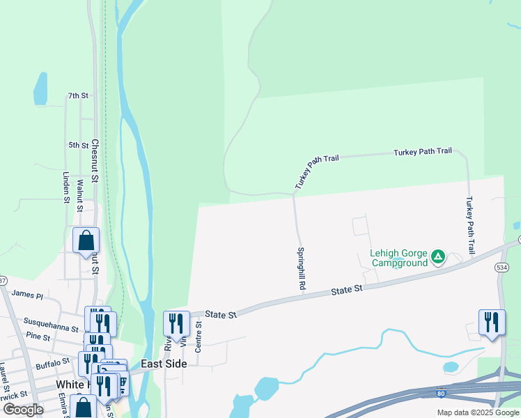 map of restaurants, bars, coffee shops, grocery stores, and more near 91 Springhill Road in White Haven