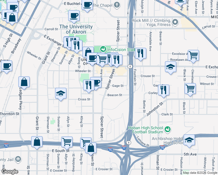 map of restaurants, bars, coffee shops, grocery stores, and more near 467 Spicer Street in Akron