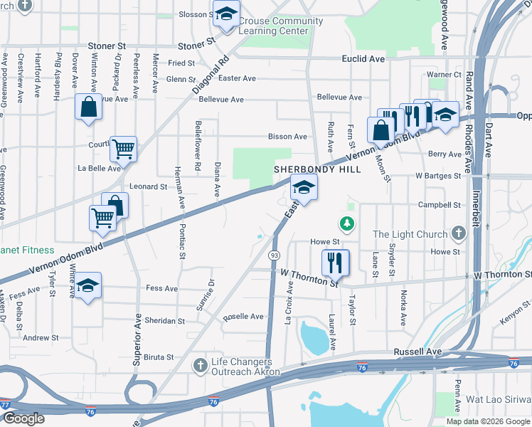 map of restaurants, bars, coffee shops, grocery stores, and more near 1000 Springhill Terrace in Akron