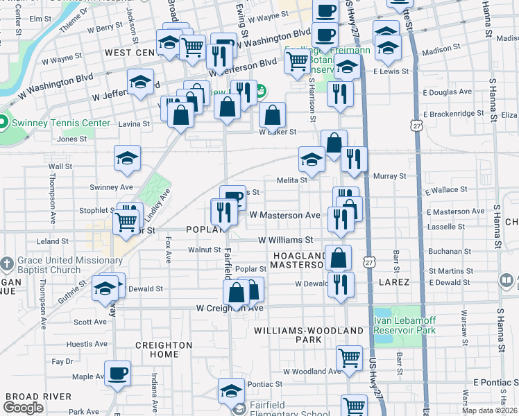 map of restaurants, bars, coffee shops, grocery stores, and more near 401-407 West Masterson Avenue in Fort Wayne