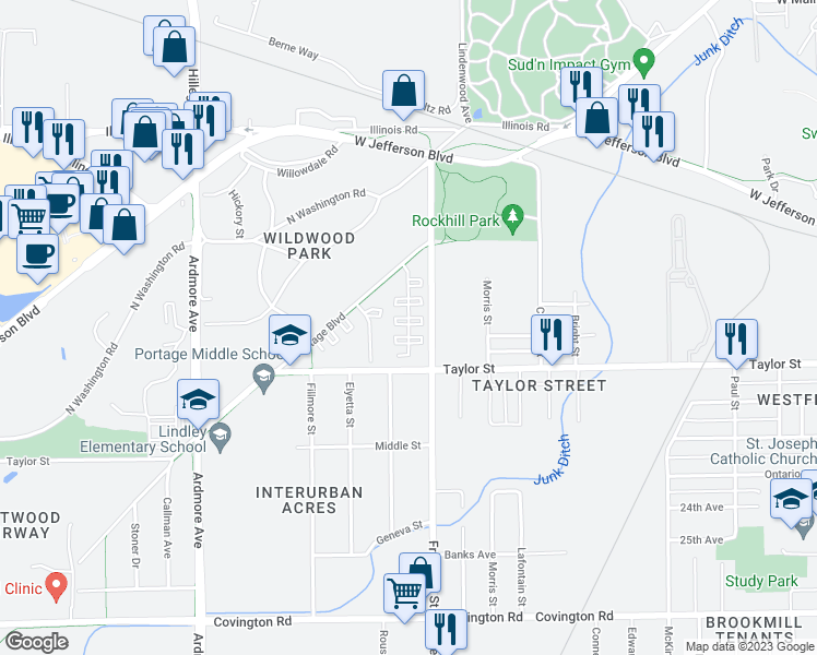 map of restaurants, bars, coffee shops, grocery stores, and more near 3201 Portage Blvd in Fort Wayne