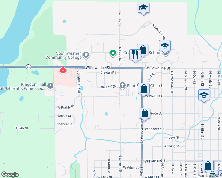map of restaurants, bars, coffee shops, grocery stores, and more near 1101-1299 West Prairie Street in Creston