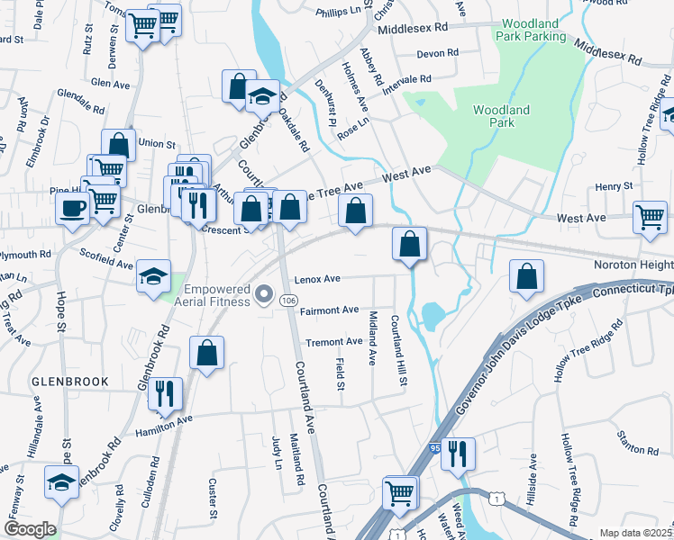 map of restaurants, bars, coffee shops, grocery stores, and more near 54 Lenox Avenue in Stamford