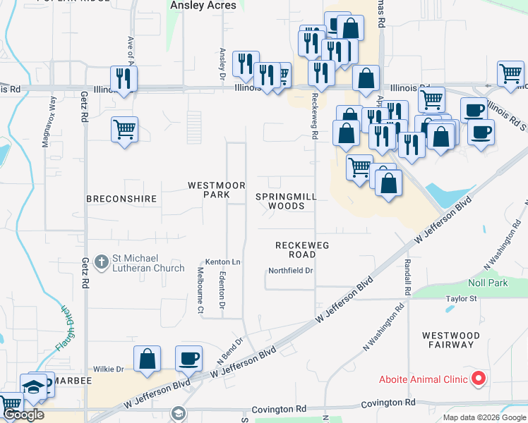 map of restaurants, bars, coffee shops, grocery stores, and more near 1625 North Glendale Drive in Fort Wayne