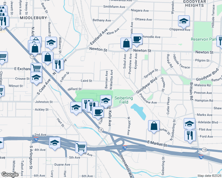 map of restaurants, bars, coffee shops, grocery stores, and more near North Martha Avenue in Akron