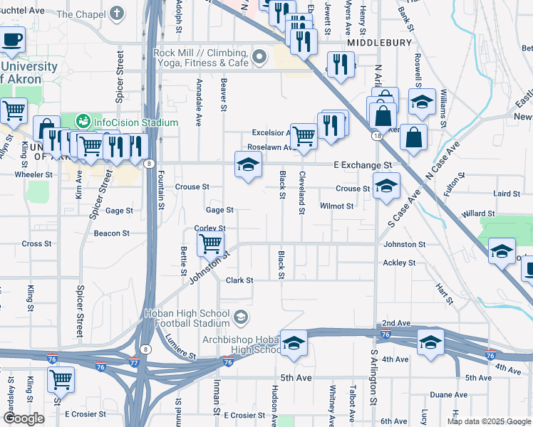 map of restaurants, bars, coffee shops, grocery stores, and more near 350 Windsor Street in Akron