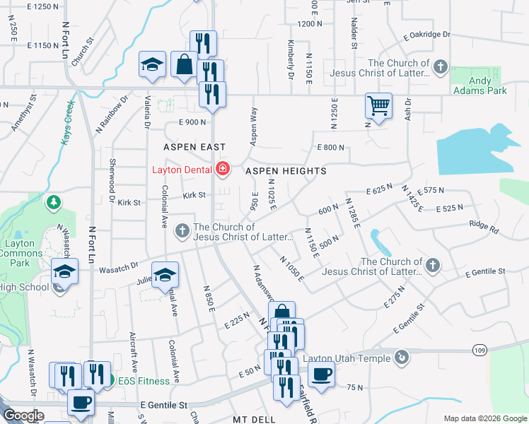 map of restaurants, bars, coffee shops, grocery stores, and more near 998 Snowcreek Drive in Layton