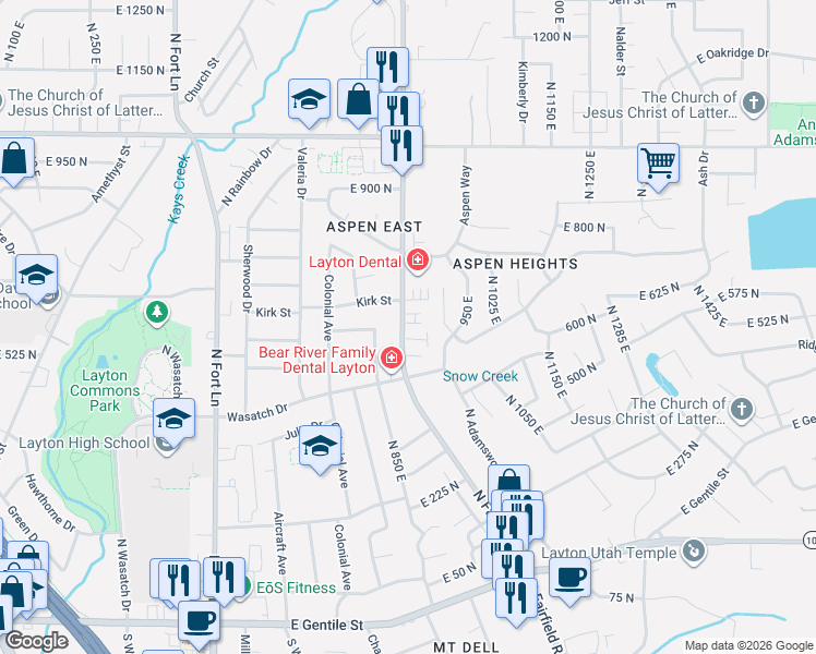 map of restaurants, bars, coffee shops, grocery stores, and more near 878 East 575 North in Layton