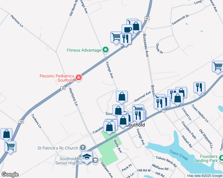 map of restaurants, bars, coffee shops, grocery stores, and more near 3005 Youngs Avenue in Southold