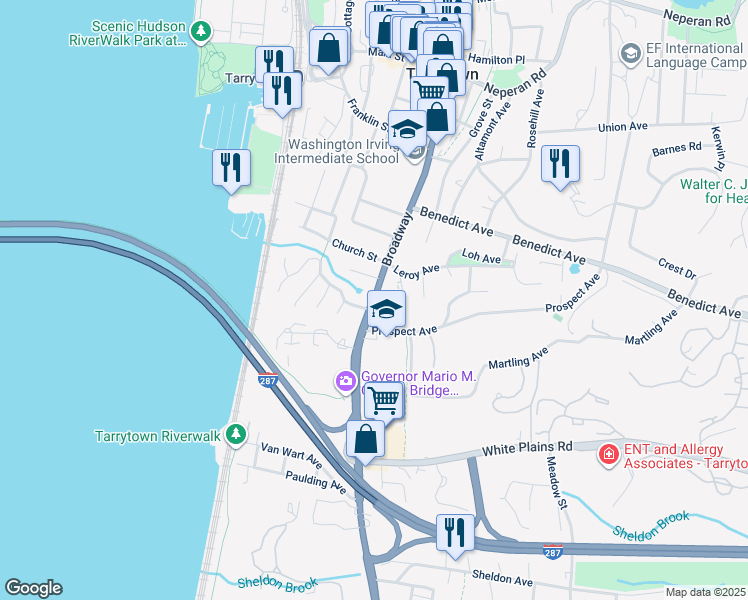 map of restaurants, bars, coffee shops, grocery stores, and more near 240 South Broadway in Tarrytown
