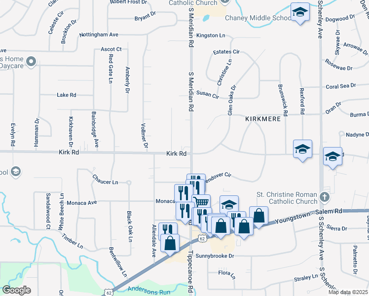 map of restaurants, bars, coffee shops, grocery stores, and more near 3609 Kirk Road in Youngstown