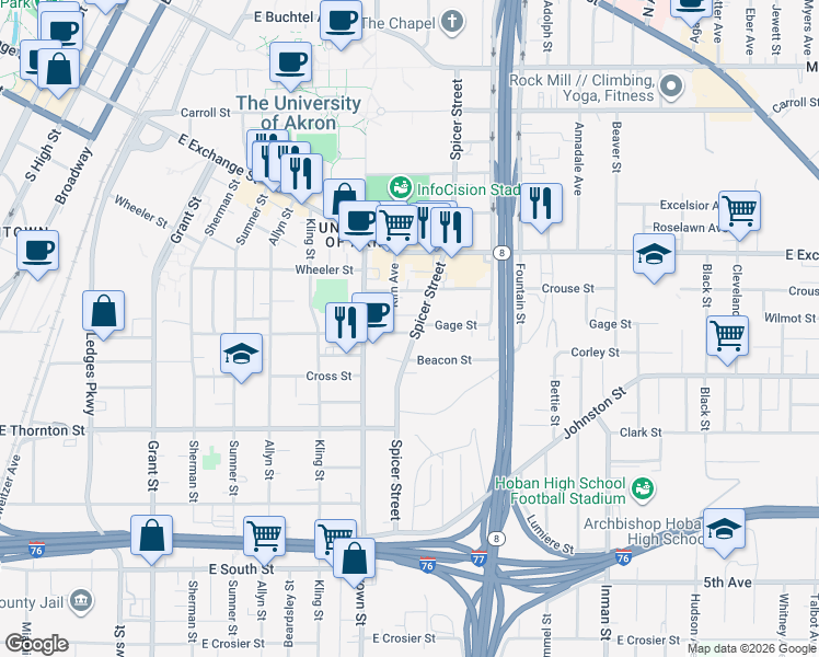 map of restaurants, bars, coffee shops, grocery stores, and more near 432 Power Street in Akron