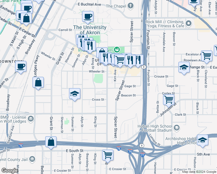 map of restaurants, bars, coffee shops, grocery stores, and more near 488 Brown Street in Akron