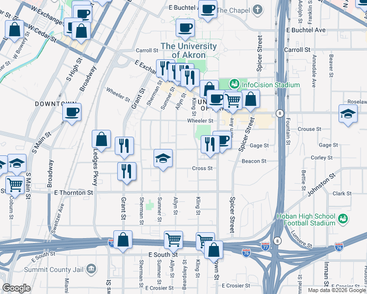 map of restaurants, bars, coffee shops, grocery stores, and more near 310 Power Street in Akron