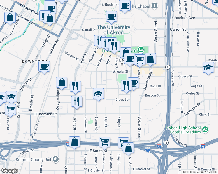 map of restaurants, bars, coffee shops, grocery stores, and more near 310 Power Street in Akron