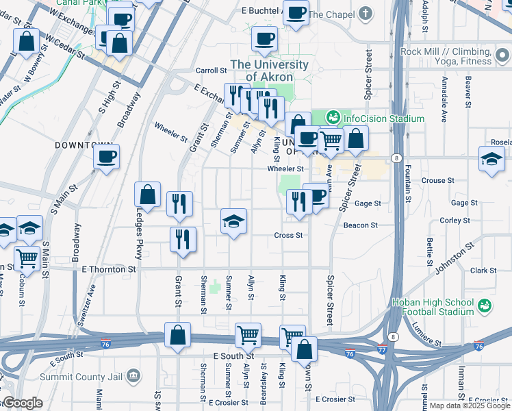 map of restaurants, bars, coffee shops, grocery stores, and more near 310 Power Street in Akron