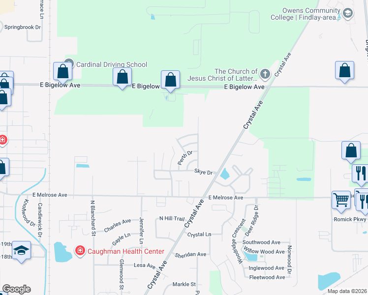 map of restaurants, bars, coffee shops, grocery stores, and more near 2412 Perth Drive in Findlay