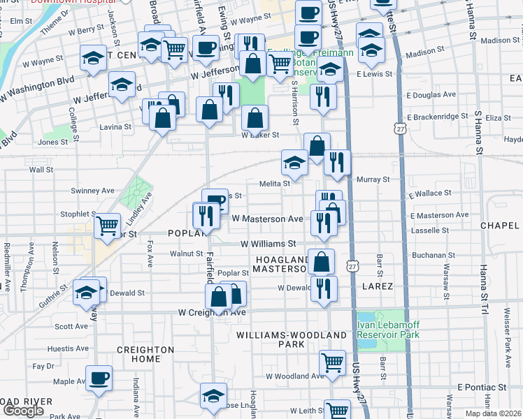 map of restaurants, bars, coffee shops, grocery stores, and more near 316 West Masterson Avenue in Fort Wayne