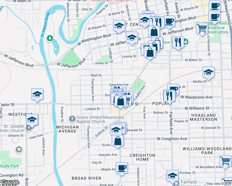 map of restaurants, bars, coffee shops, grocery stores, and more near 1205 Stophlet Street in Fort Wayne