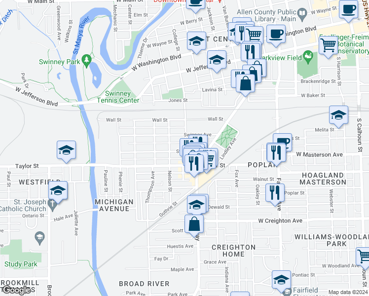 map of restaurants, bars, coffee shops, grocery stores, and more near 1205 Stophlet Street in Fort Wayne