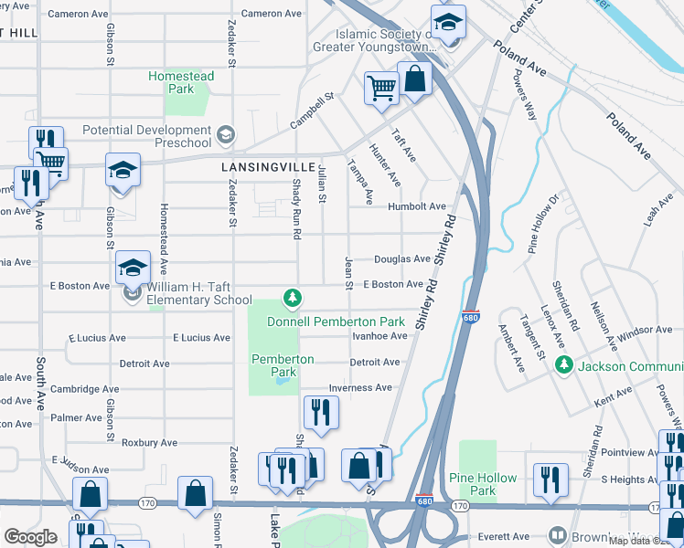 map of restaurants, bars, coffee shops, grocery stores, and more near 3016 Jean Street in Youngstown