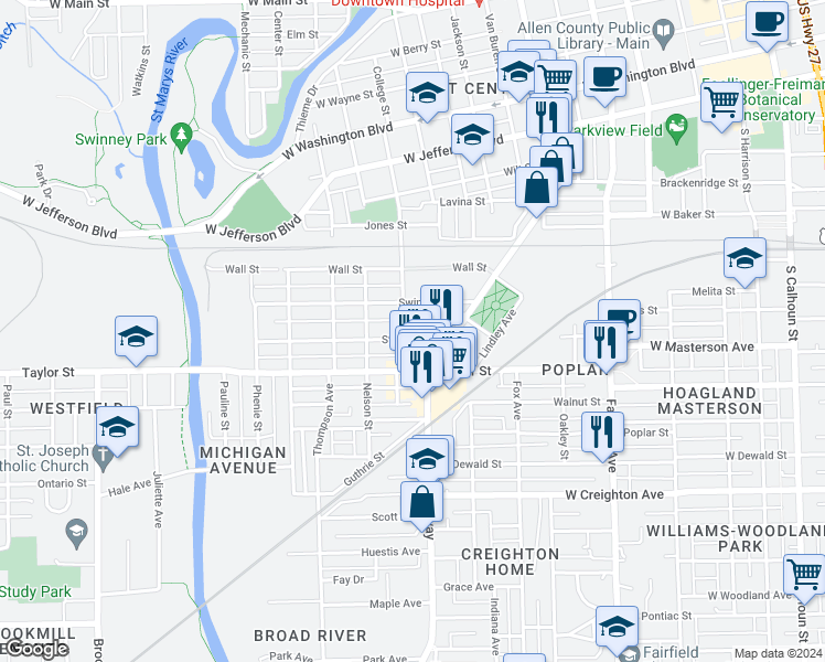 map of restaurants, bars, coffee shops, grocery stores, and more near 1108 Stophlet Street in Fort Wayne