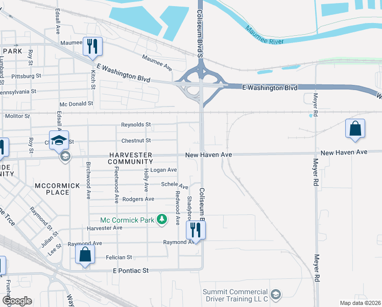 map of restaurants, bars, coffee shops, grocery stores, and more near 3898 New Haven Avenue in Fort Wayne