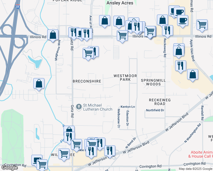 map of restaurants, bars, coffee shops, grocery stores, and more near 5416 Welsh Glen Run in Fort Wayne