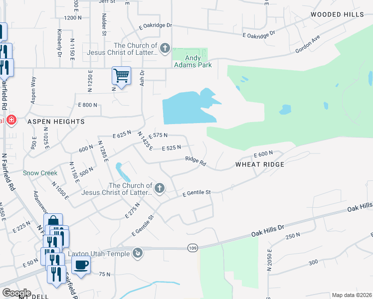 map of restaurants, bars, coffee shops, grocery stores, and more near 1621 Ridge Road in Layton