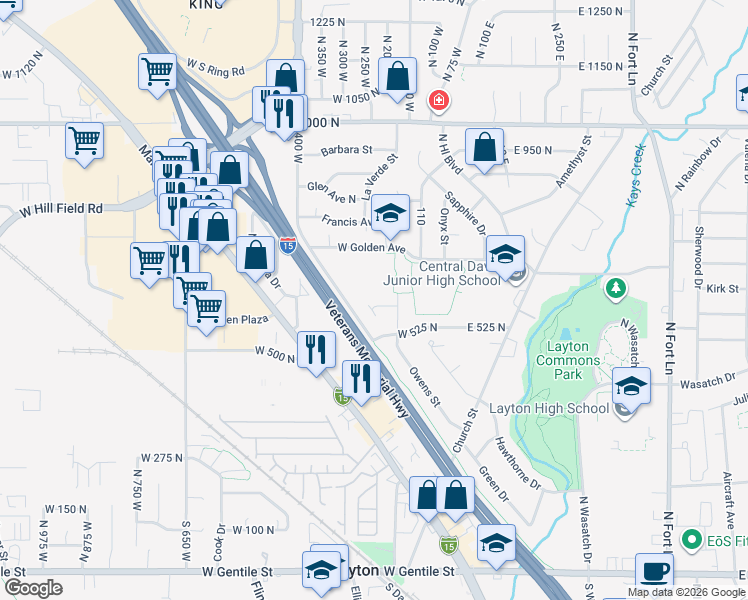map of restaurants, bars, coffee shops, grocery stores, and more near 220 West 590 North in Layton