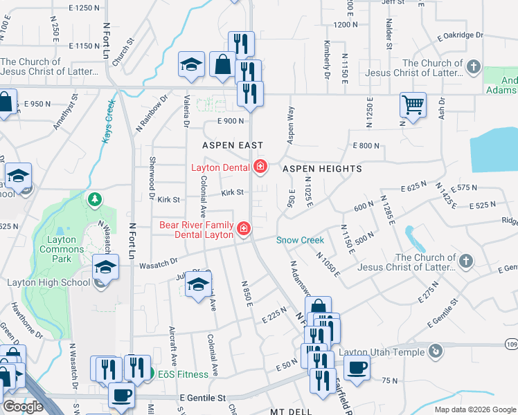 map of restaurants, bars, coffee shops, grocery stores, and more near 878 East 575 North in Layton