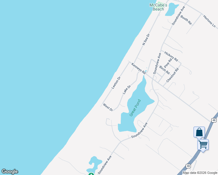 map of restaurants, bars, coffee shops, grocery stores, and more near 1305 Leeton Drive in Southold