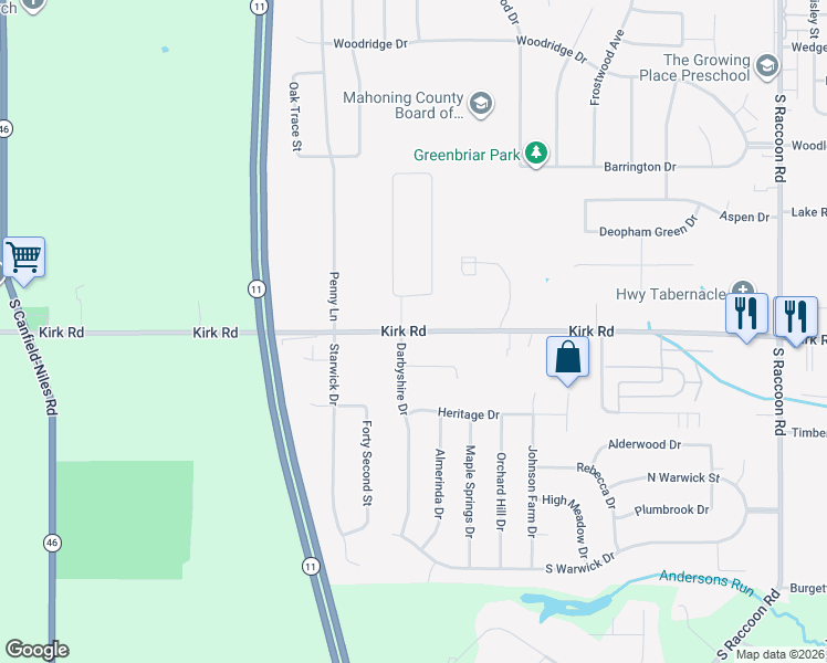map of restaurants, bars, coffee shops, grocery stores, and more near 4850 Kirk Road in Austintown