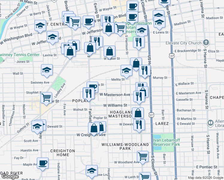map of restaurants, bars, coffee shops, grocery stores, and more near 316 West Masterson Avenue in Fort Wayne
