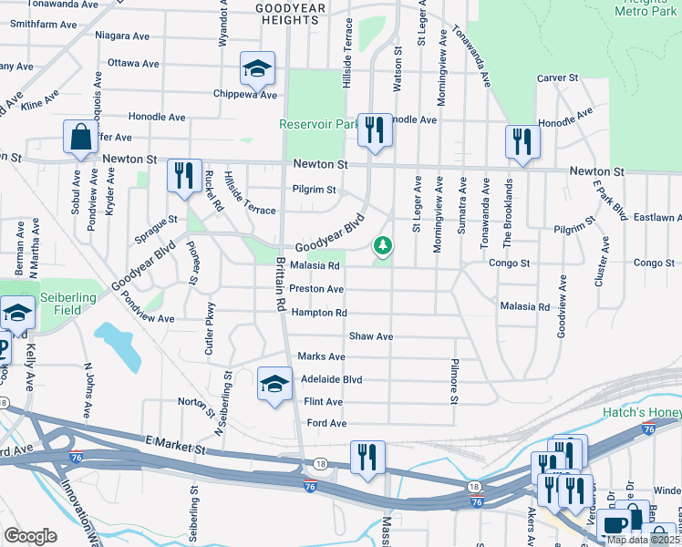map of restaurants, bars, coffee shops, grocery stores, and more near 1624 Malasia Road in Akron