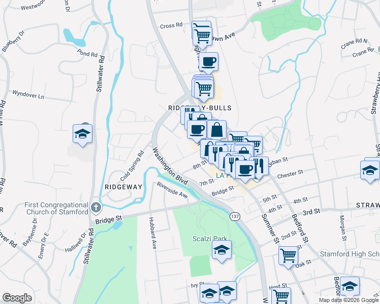 map of restaurants, bars, coffee shops, grocery stores, and more near 14 Forest Lawn Avenue in Stamford