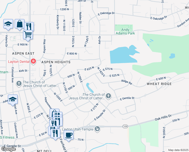 map of restaurants, bars, coffee shops, grocery stores, and more near 567 North 1400 East in Layton