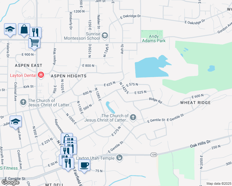 map of restaurants, bars, coffee shops, grocery stores, and more near 567 North 1400 East in Layton